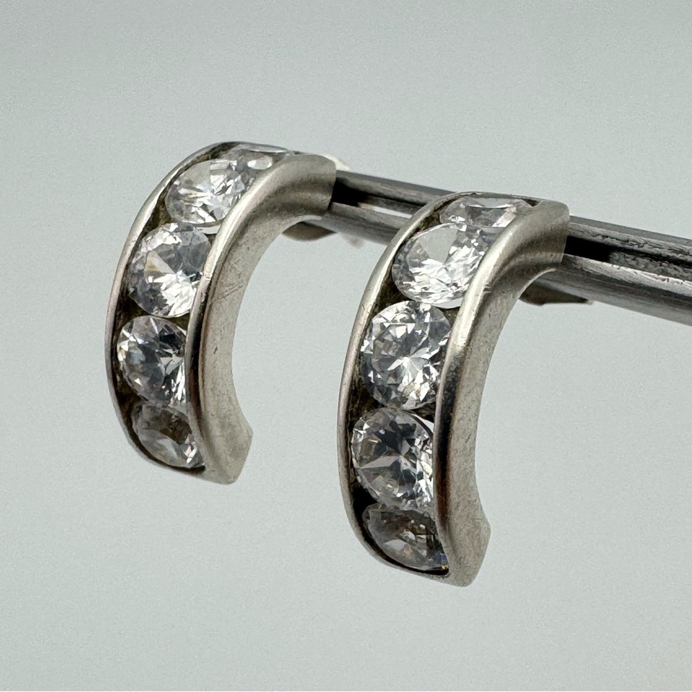 Sterling Silver CZ Huggie Earrings Clear Stones Classic Hoop